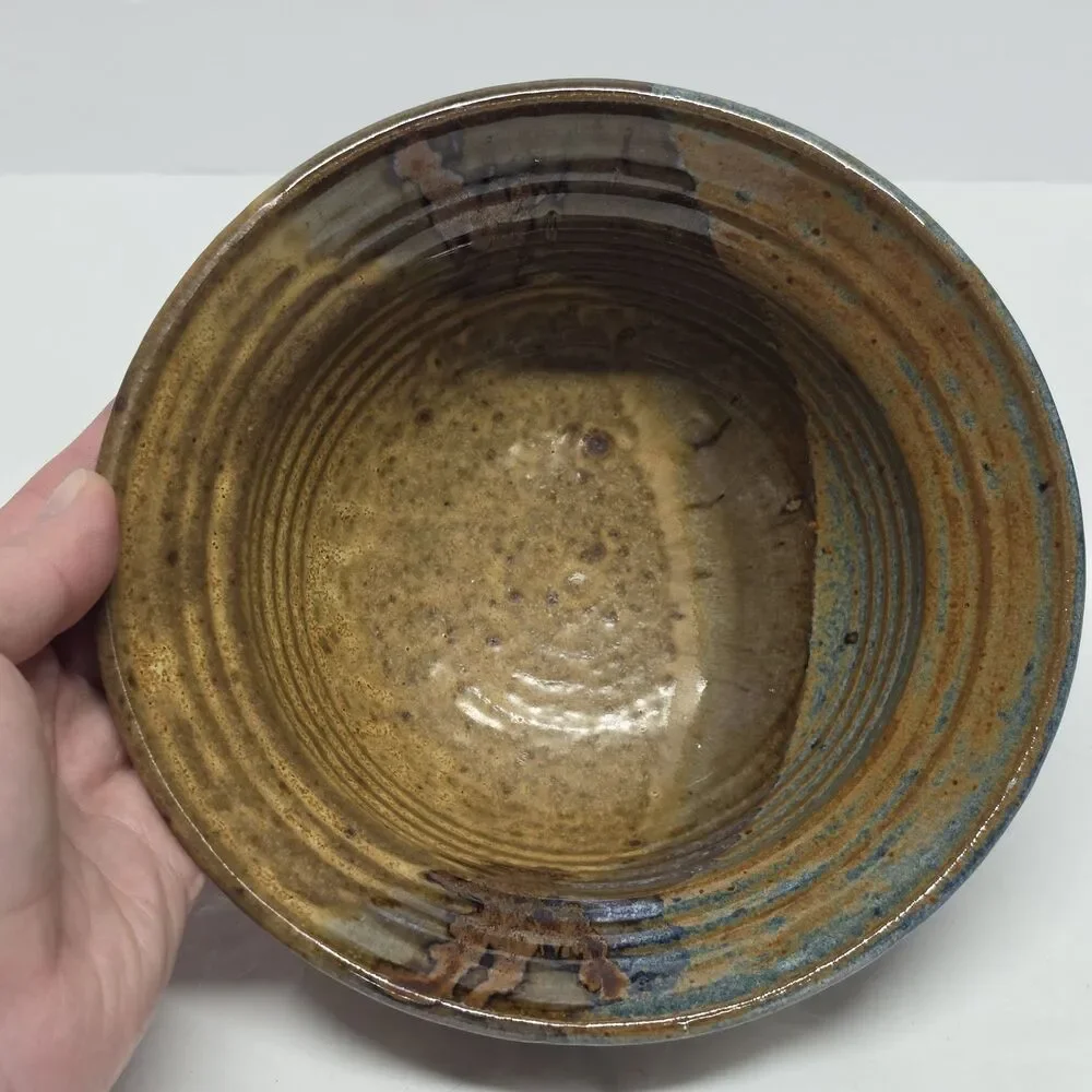Vintage Studio Pottery Bowl Artist Signed Tan Blue Glazed Cottagecore